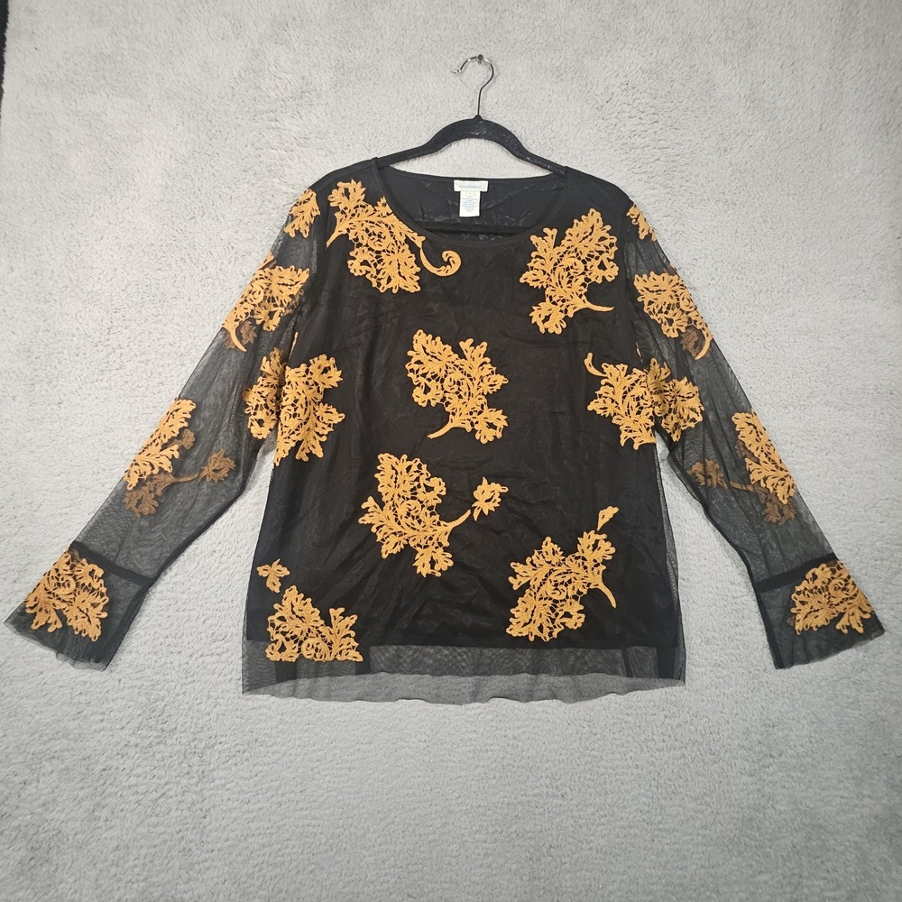 Sundance Top Womens L‎ Floral Sheer Gold Embroidered Mesh Festival Dark Fairy